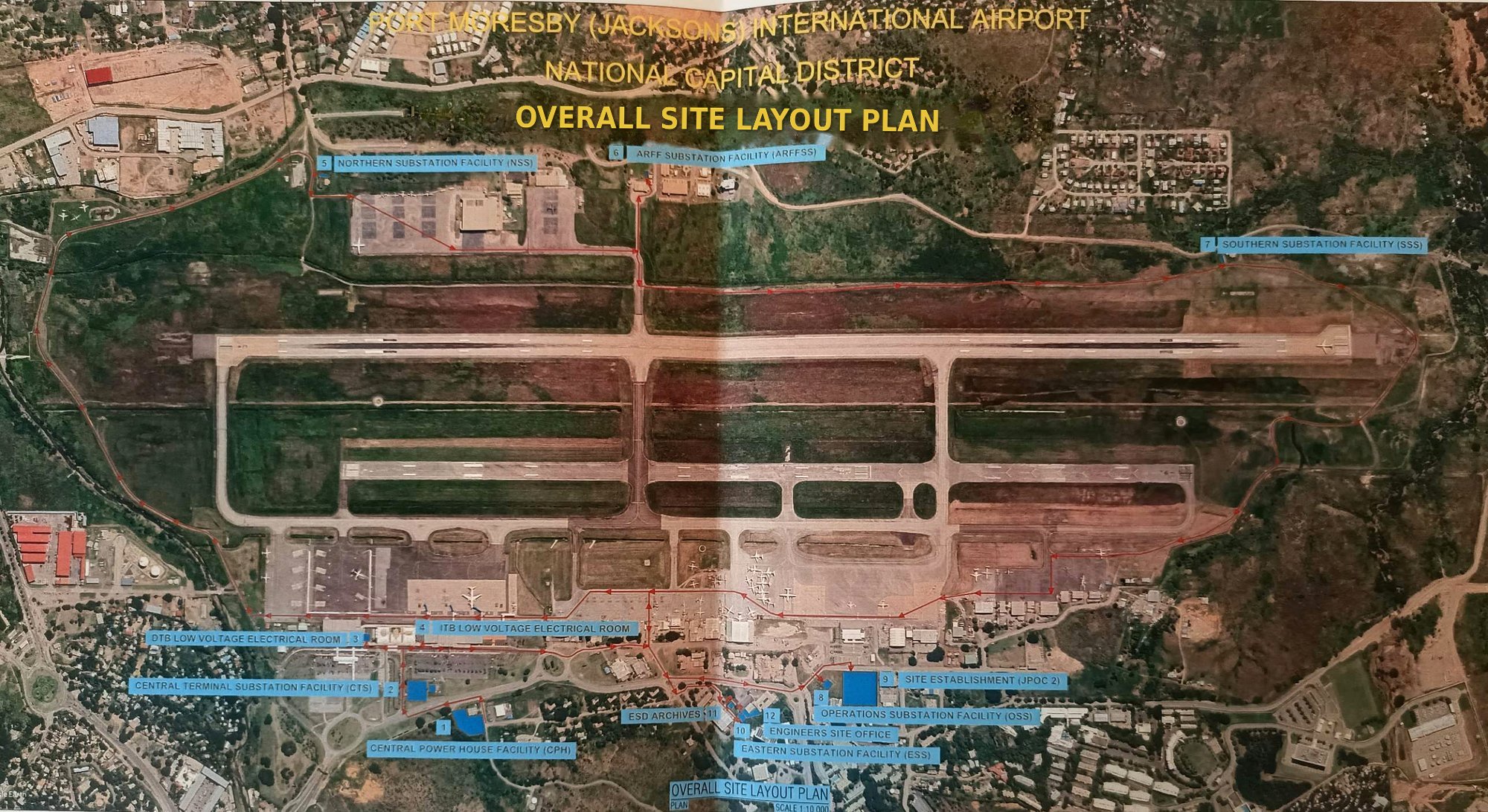 Overall site layout plan of Port Moresby (Jacksons) International Airport on an aerial photo, showing the numbered project facilities: Central Power House, Central Terminal Substation, DTB and ITB low voltage electrical rooms, Northern, ARFF, Southern, Operations and Eastern substations, the site establishment, engineers site office and ESD archives